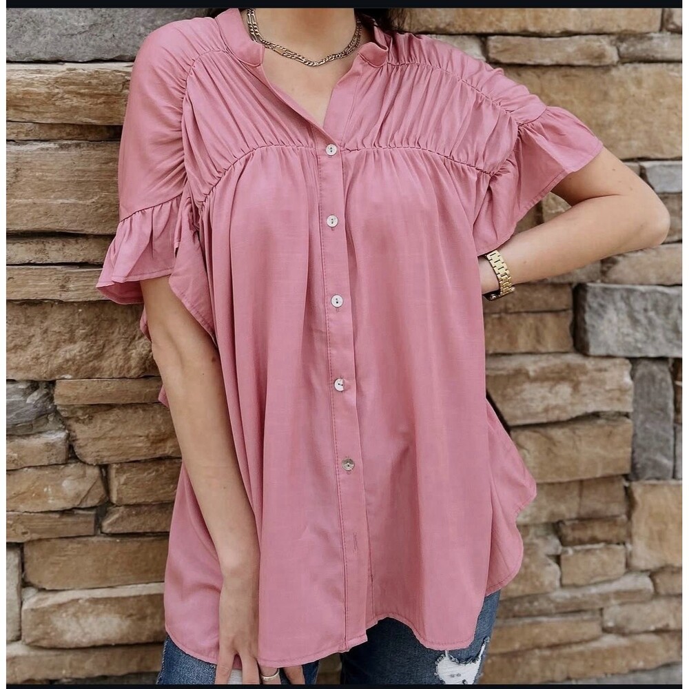 BiBi L Pink Ruffle Sleeve Button Front Babydoll Tunic Blouse Boho